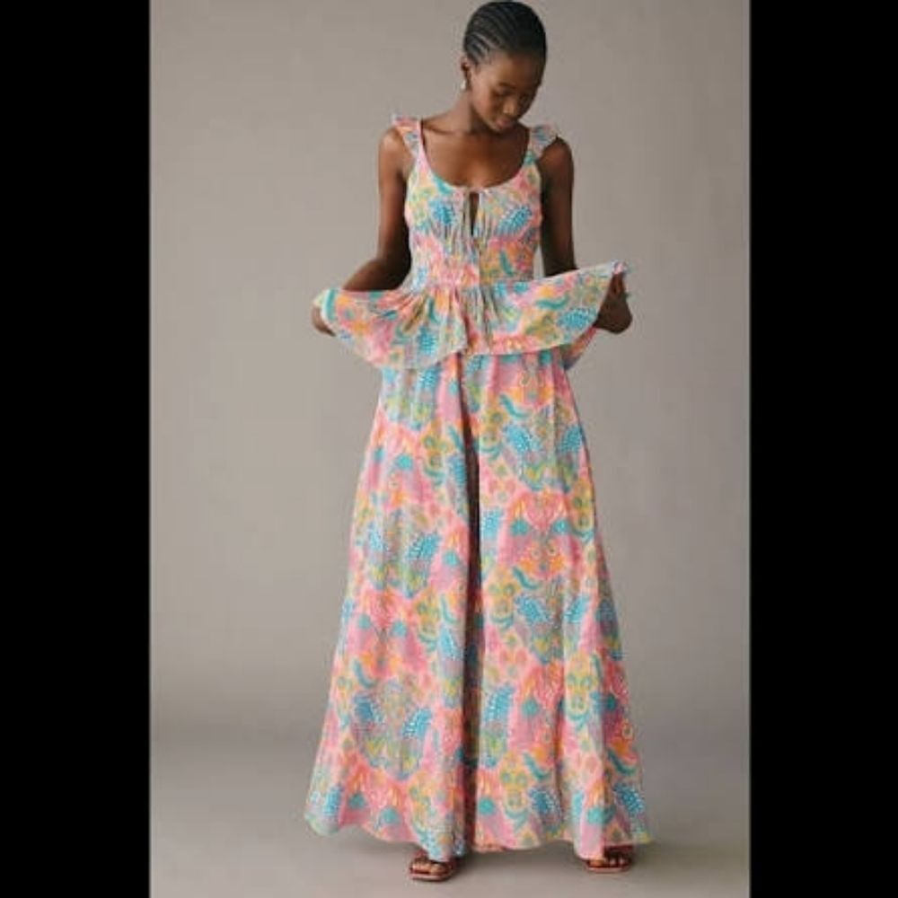 Anthropologie Love The Label Boho Tiered Wide Leg Jumpsuit Size S Tie Back NWT